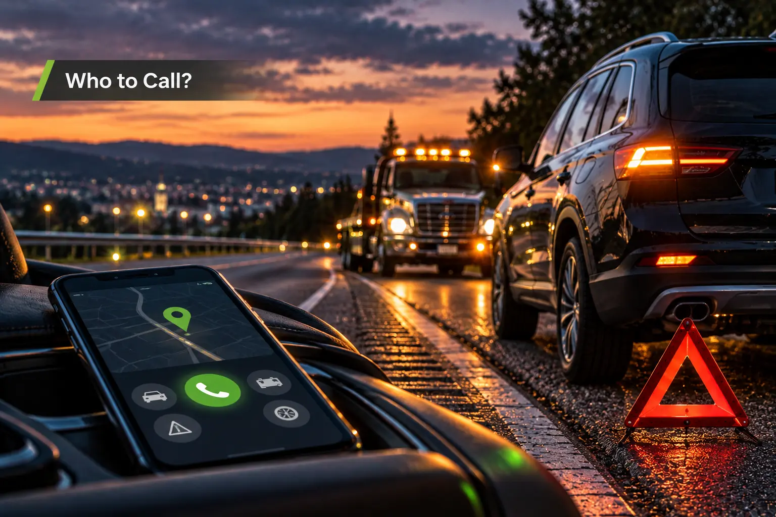 After-hours car breakdown roadside assistance with tow truck and driver calling for help