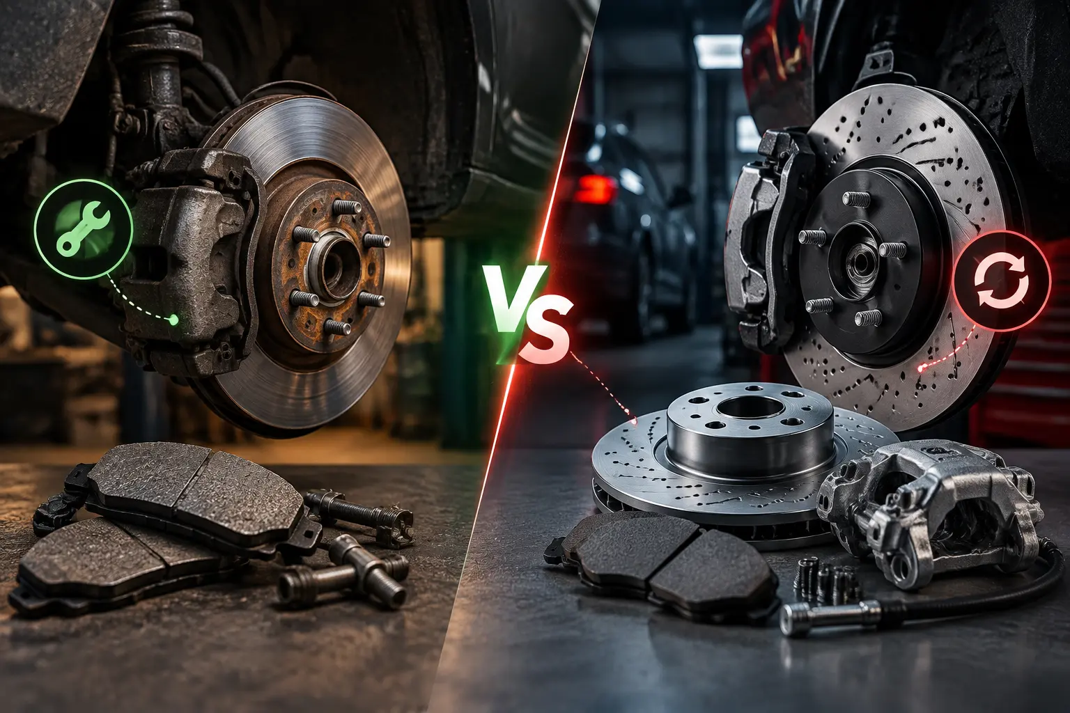 Brake repair vs brake replacement comparison showing worn and new brake components