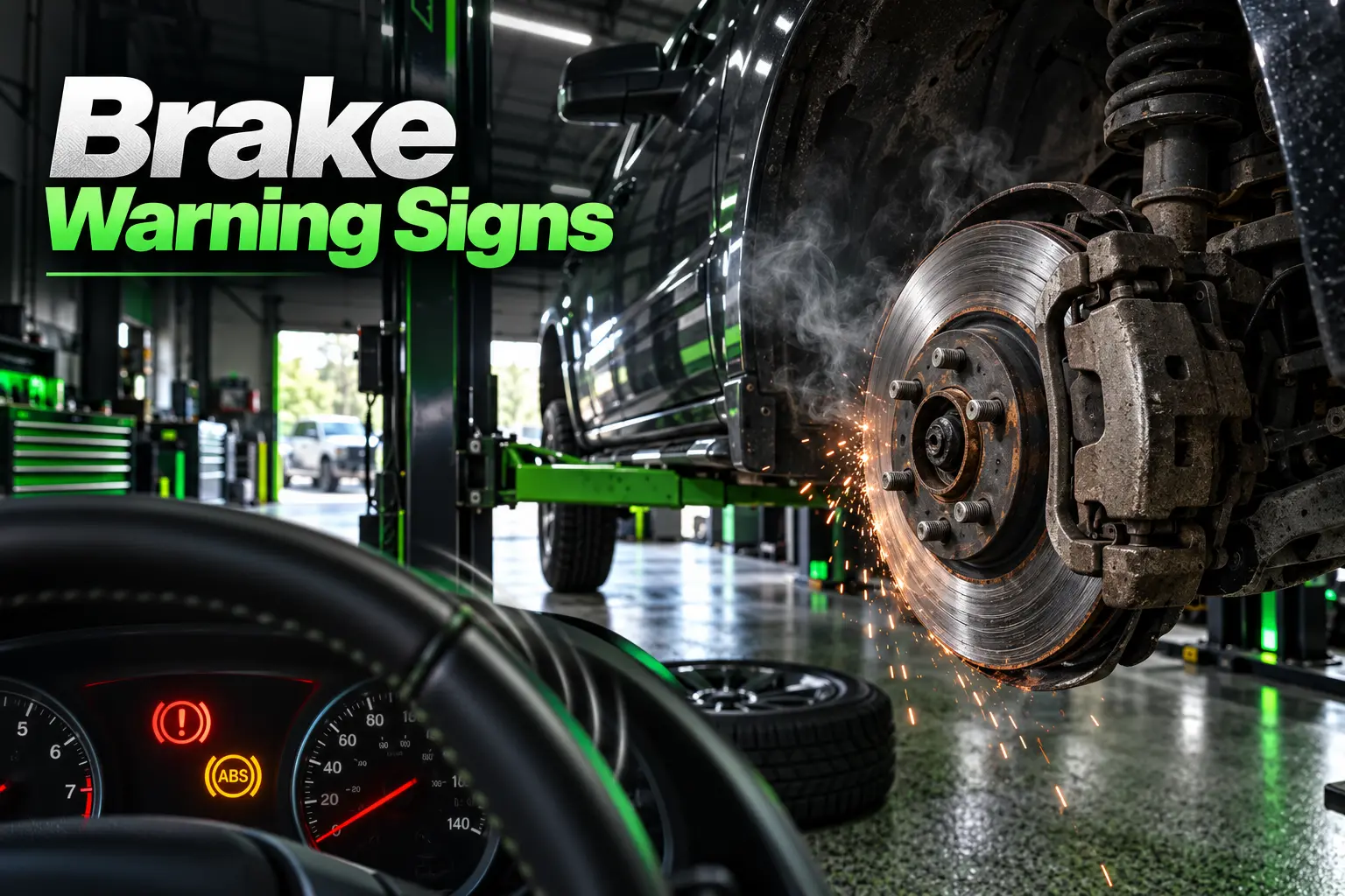 Brake warning signs including worn rotor, brake damage, and ABS warning light