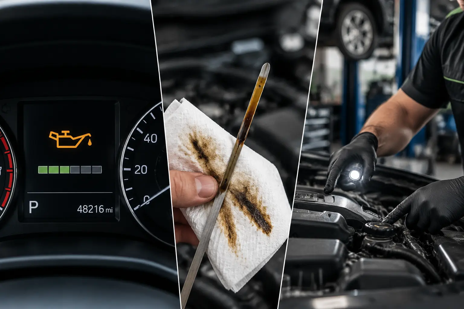 Checking oil change needs with dashboard oil life monitor, dipstick inspection and engine inspection