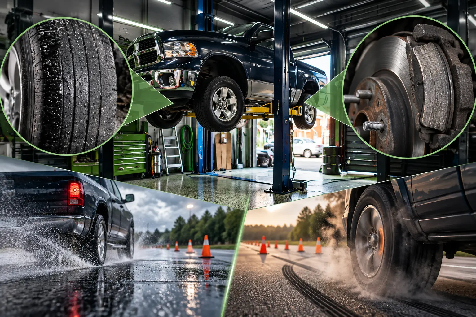 Comparison of worn tires and brake pads showing causes of reduced stopping power
