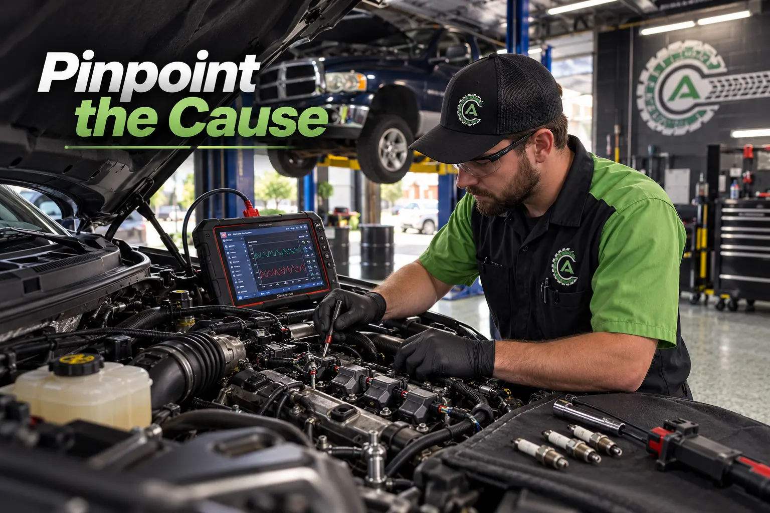 Engine misfire diagnosis showing a mechanic testing ignition components and scan data
