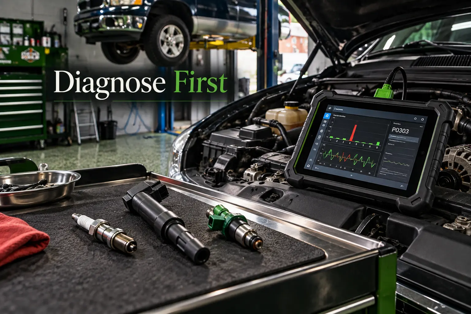 Engine misfire diagnosis using scan tool to identify vehicle fault codes and repair needs