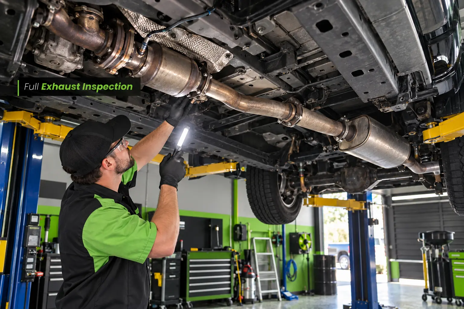 Exhaust leak inspection with mechanic checking vehicle exhaust system from manifold to tailpipe