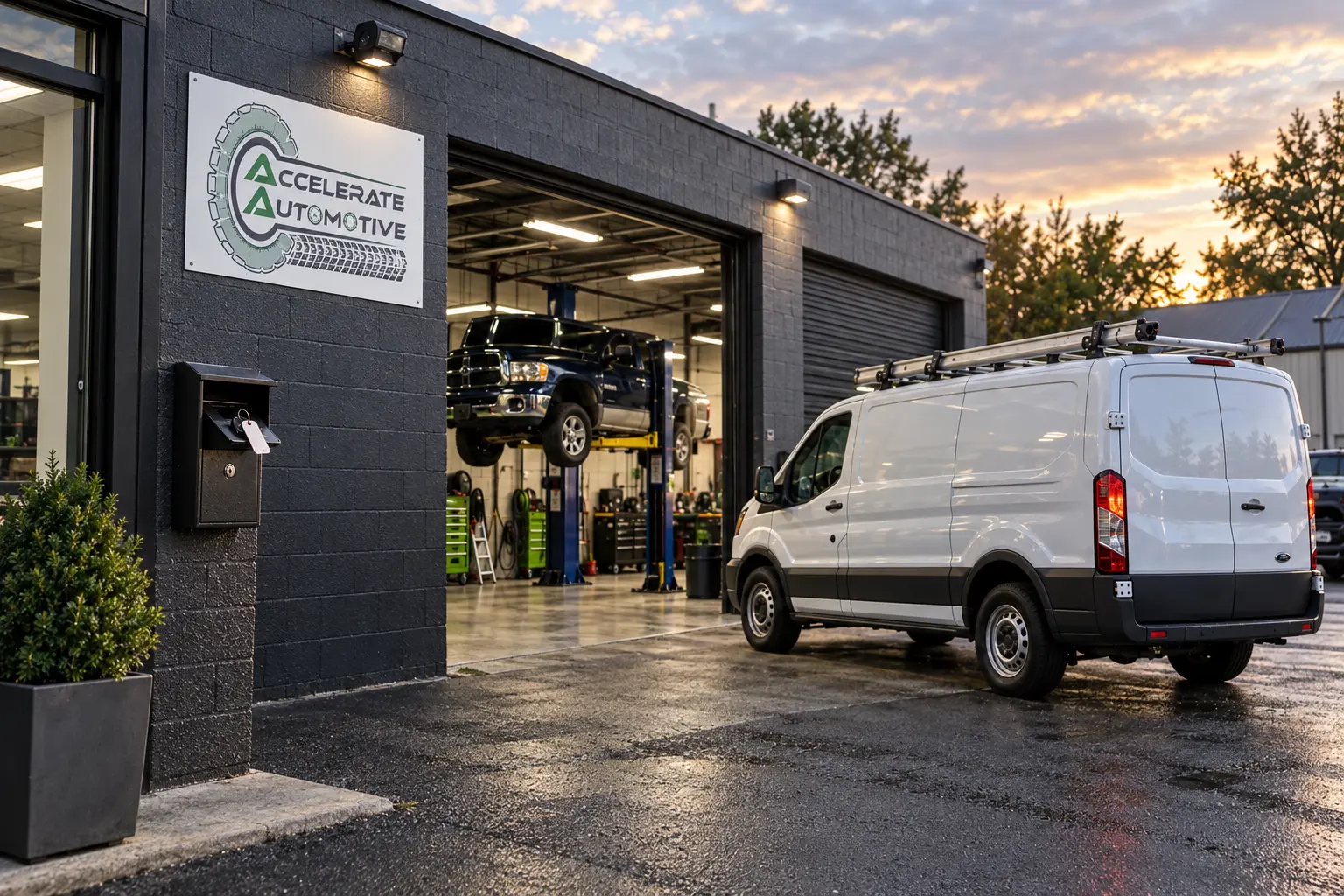 Fleet vehicle drop-off service with commercial van at auto repair shop after hours