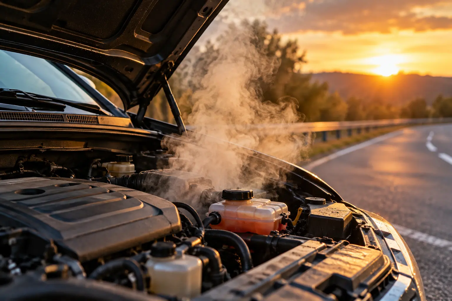 Overheating car engine steaming on roadside before professional repair