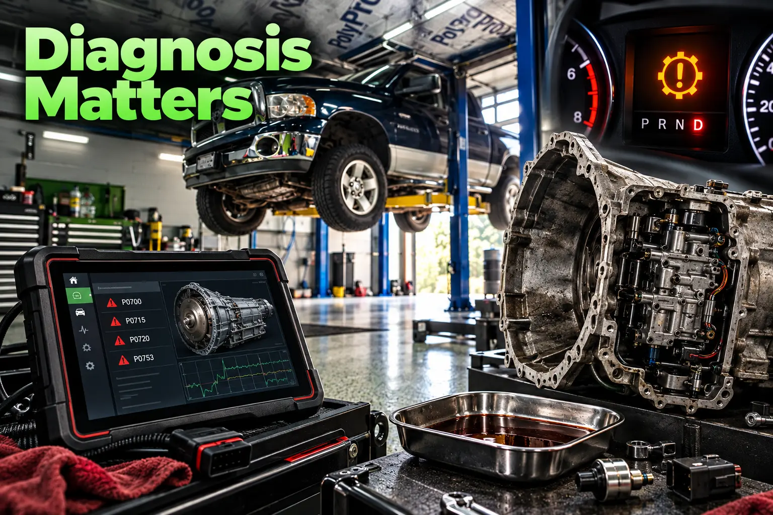 Professional transmission diagnosis using scan tool to identify fault codes and mechanical issues