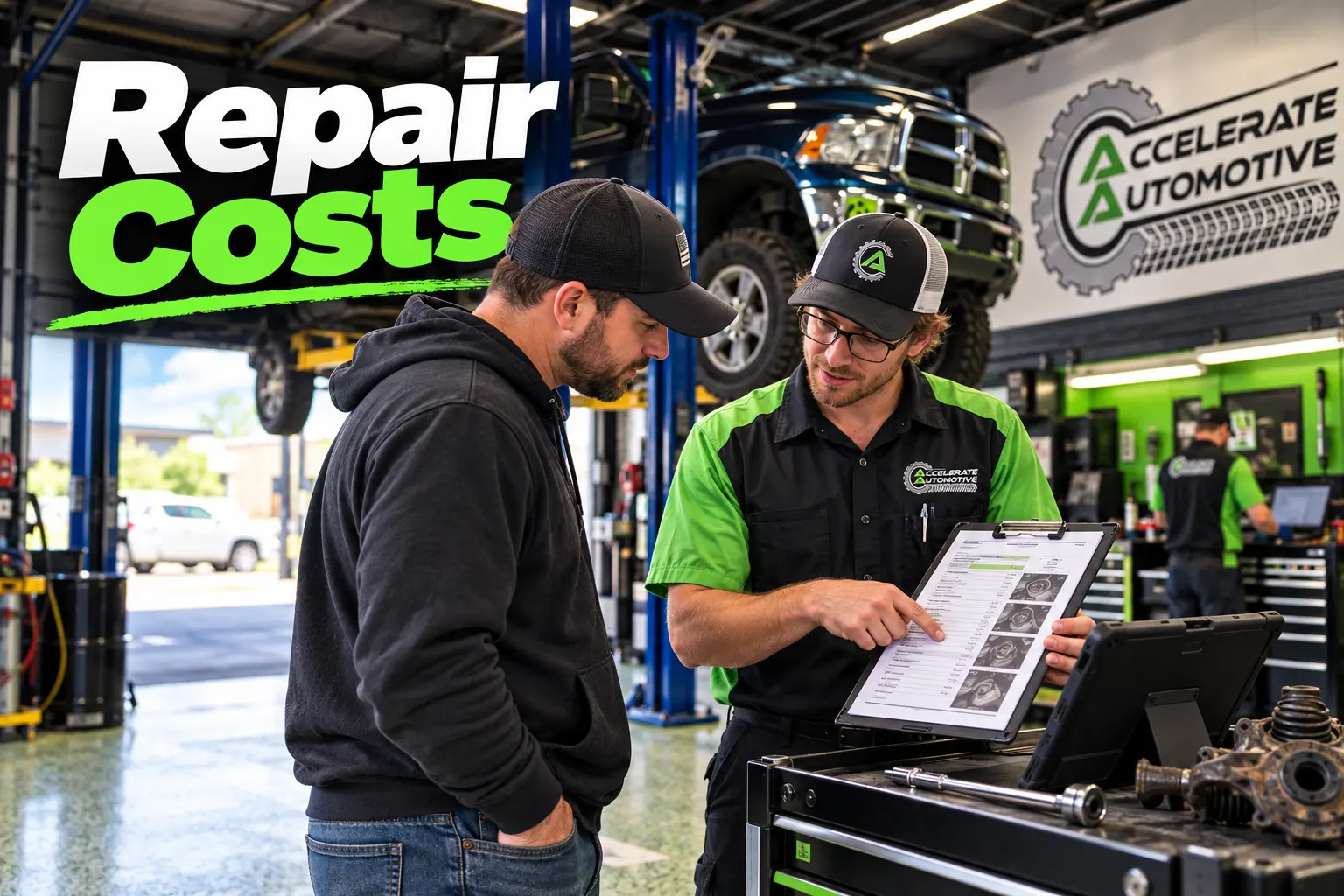 Technician explaining failed PA state inspection repair costs to customer at Accelerate Automotive in West York PA