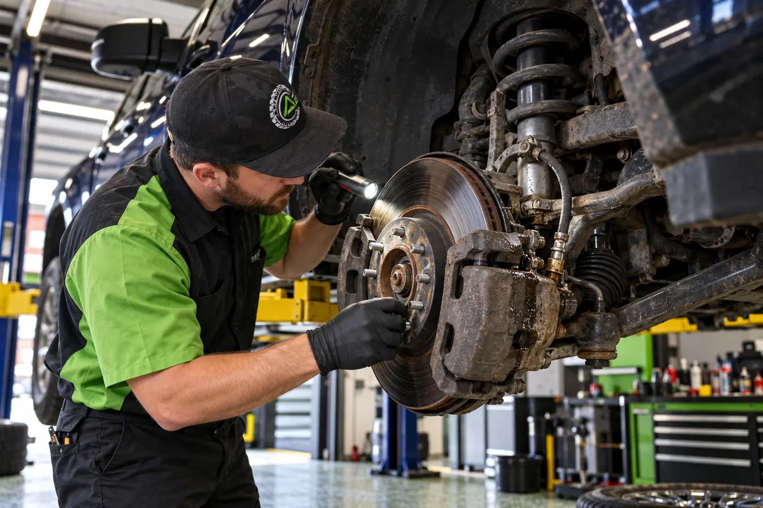 Technician inspecting worn brakes and a possible brake fluid leak during a PA state inspection in West York PA