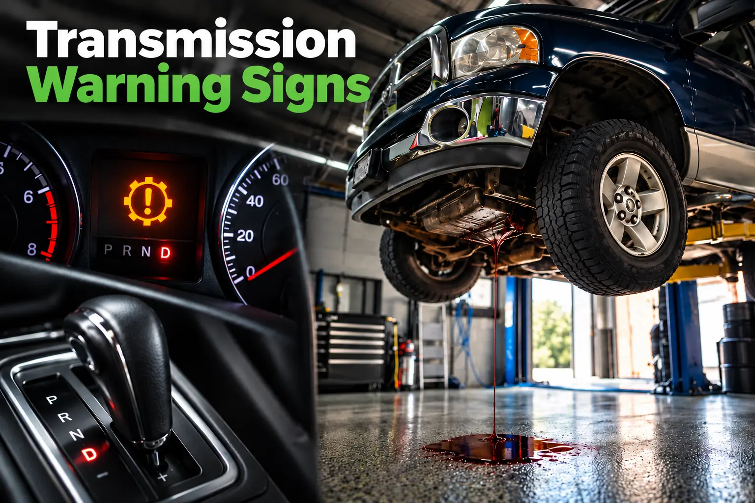Transmission warning signs showing fluid leak, dashboard warning light, and vehicle inspection