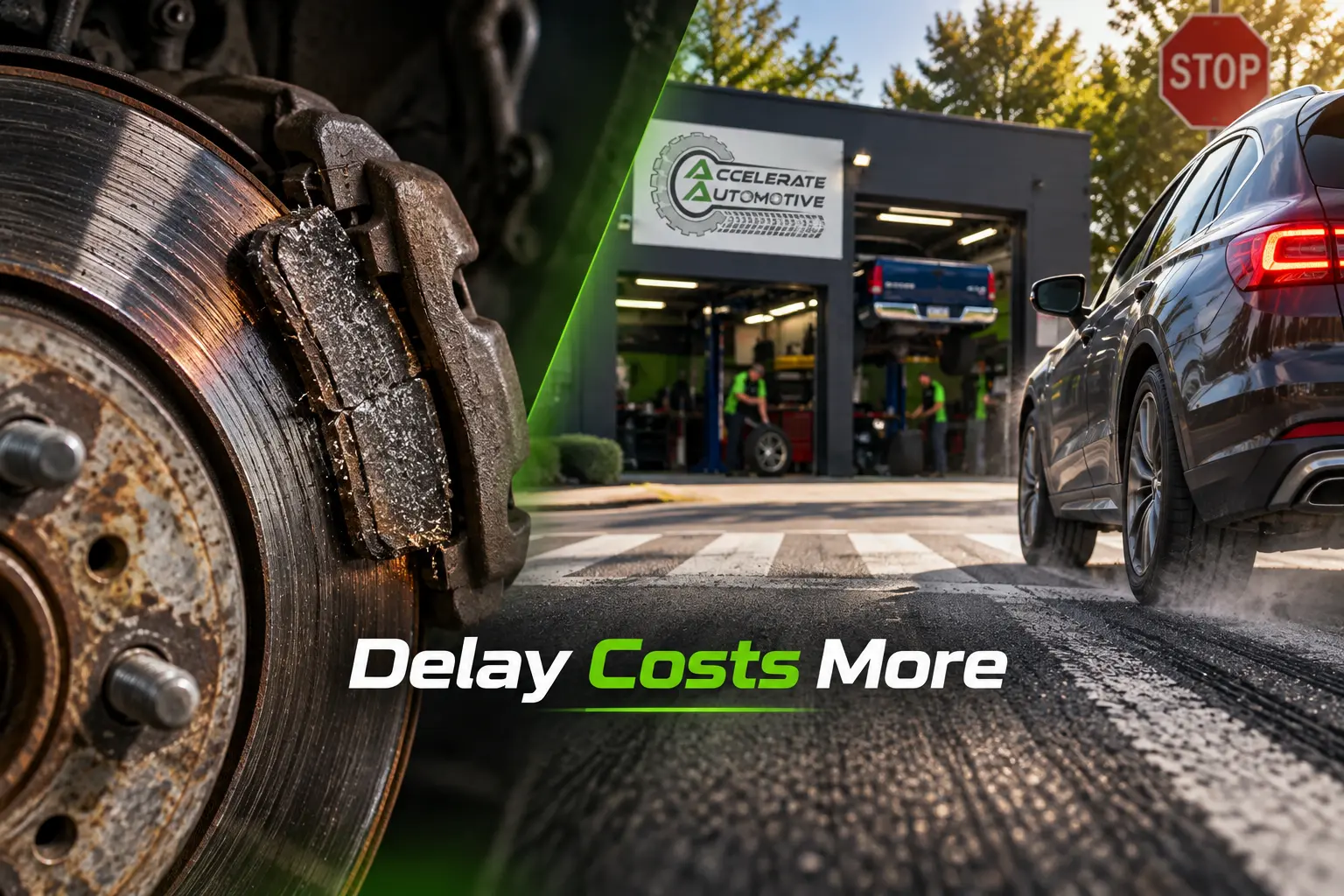 Worn brake pads and damaged rotor showing why delayed brake repair can increase stopping risk