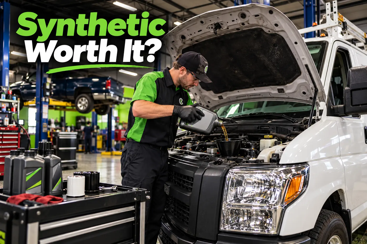 Mechanic changing synthetic oil in a fleet work truck in York, PA.
