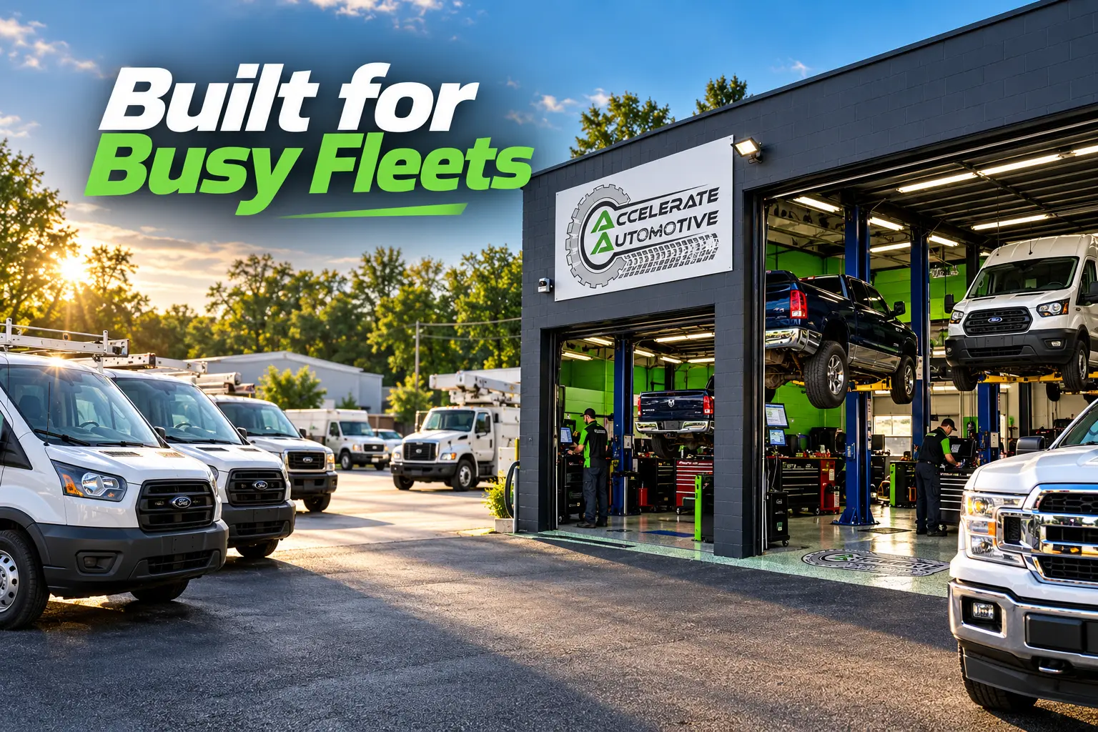 Fleet work vans and trucks at Accelerate Automotive in West York, PA.
