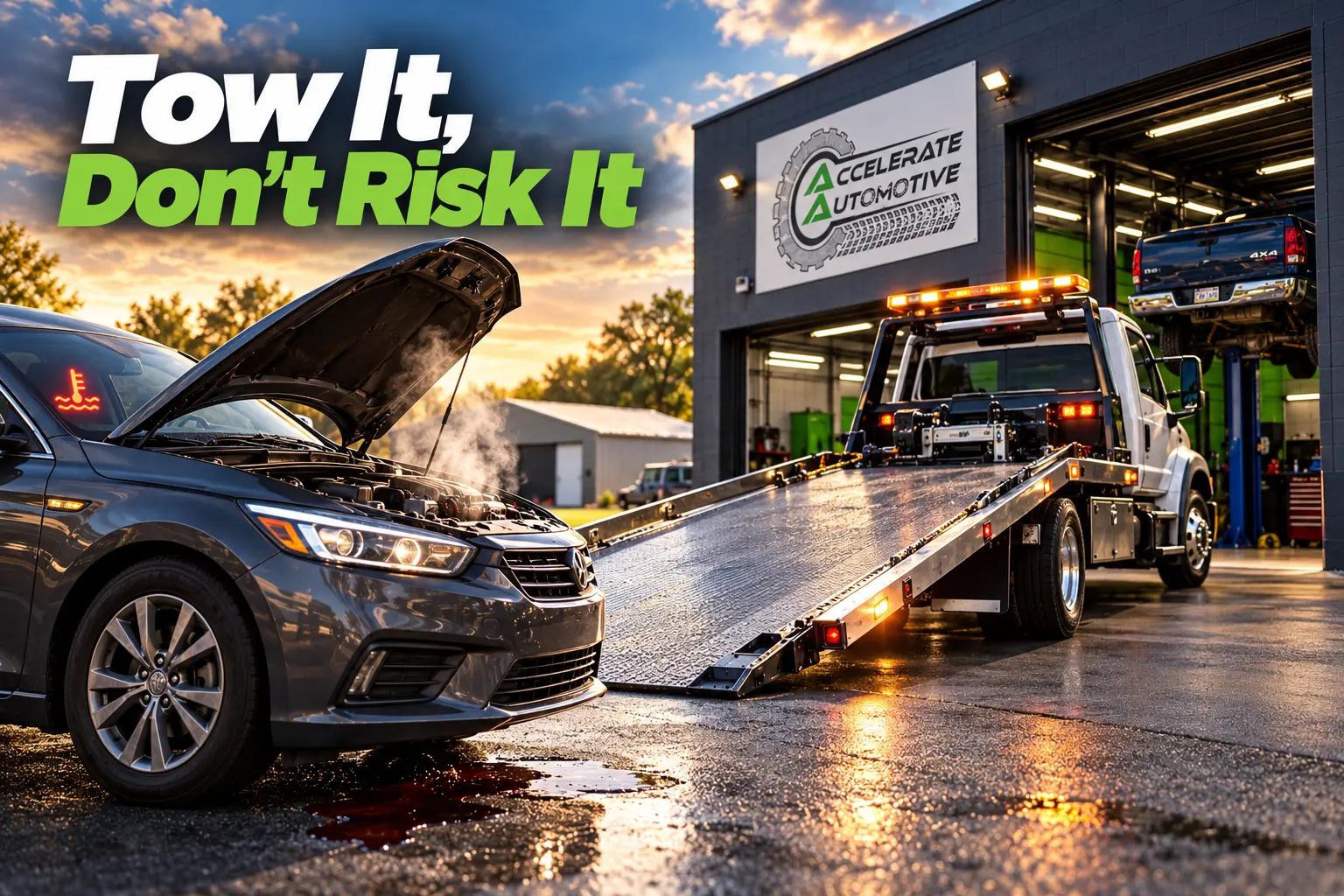 Broken-down car being loaded onto a flatbed tow truck at Accelerate Automotive in York PA
