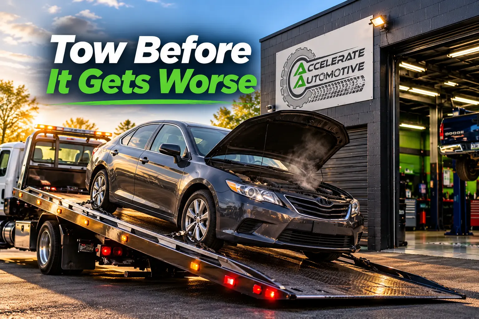 Broken-down sedan being loaded onto a flatbed tow truck in York PA