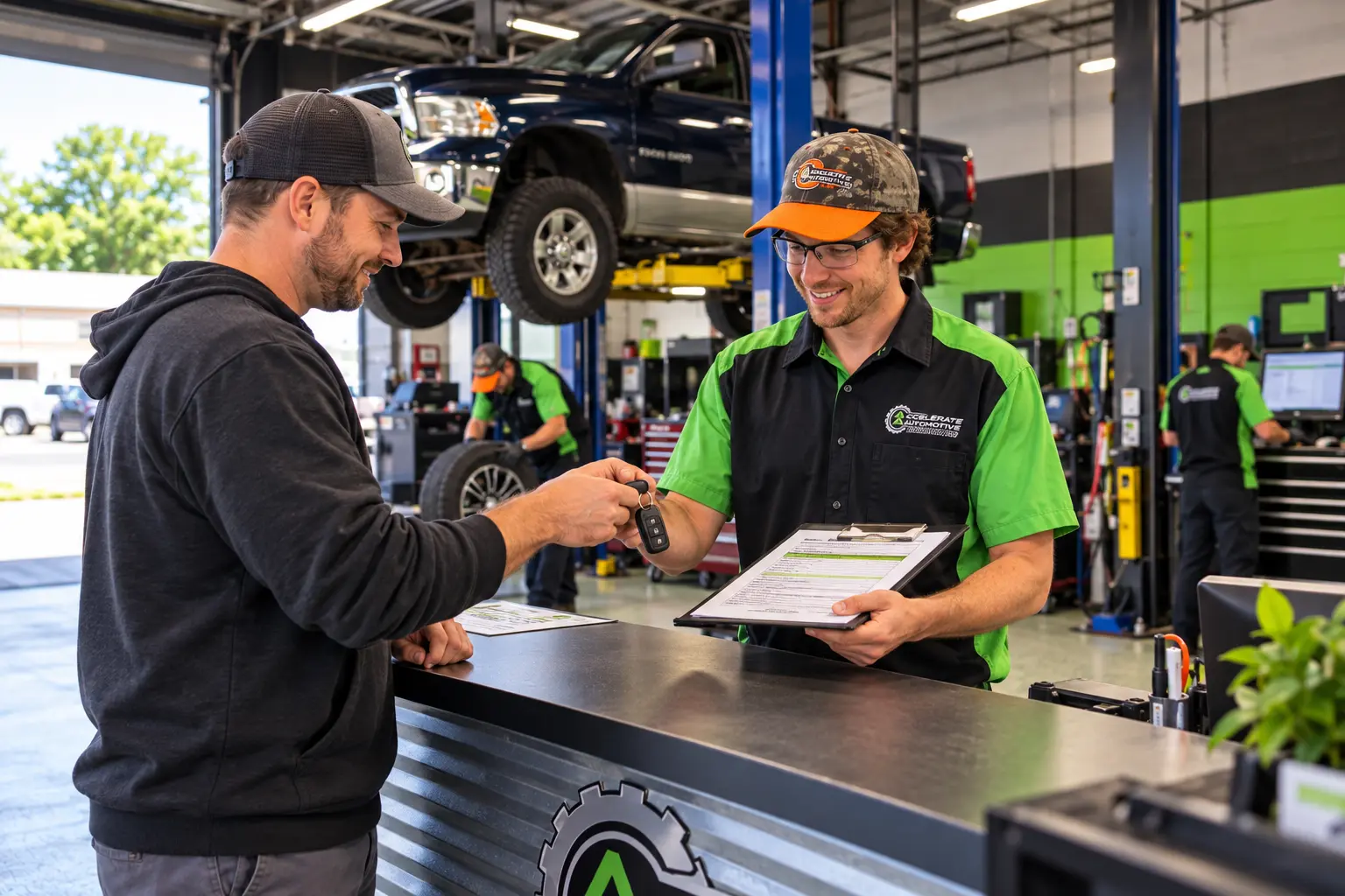 Customer reviewing a written repair estimate with a mechanic at Accelerate Automotive in York PA