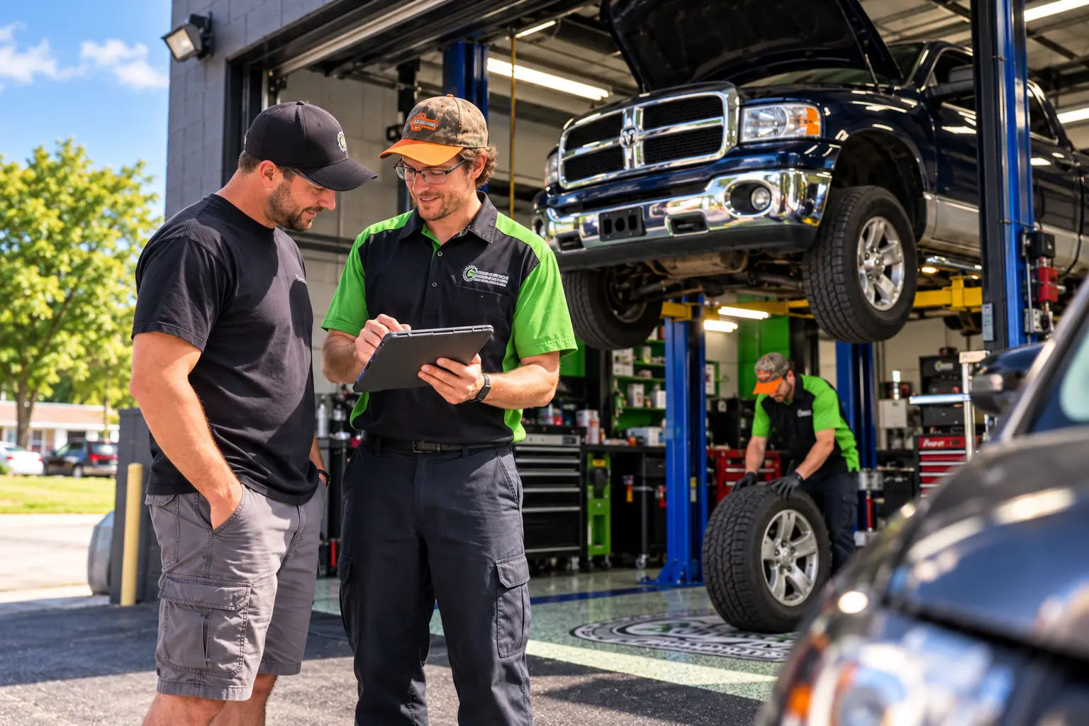 Emergency mechanic explaining vehicle inspection results to a customer at Accelerate Automotive in York PA