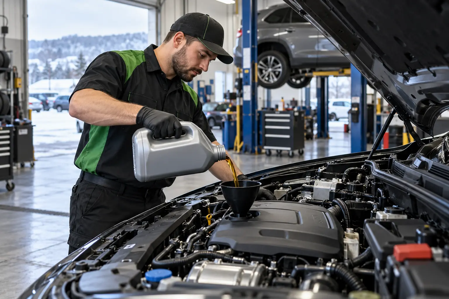 Fresh synthetic oil being poured into an engine during a full-service oil change