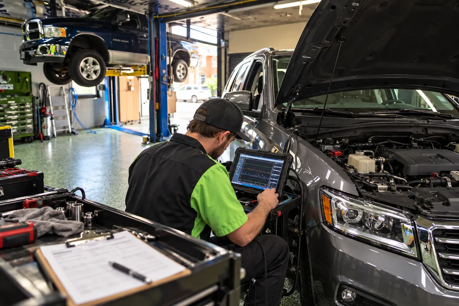 Mechanic reading live engine data during a check engine light diagnostic in West York PA