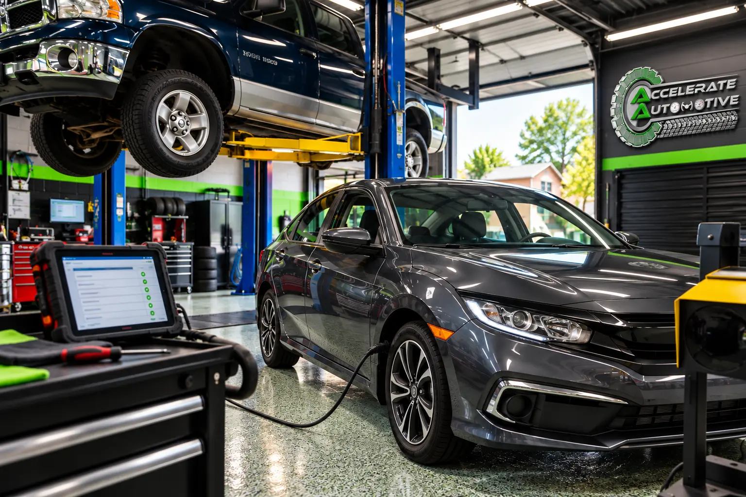 OBD-II scan tool connected to a vehicle for emissions diagnostics at Accelerate Automotive in York PA