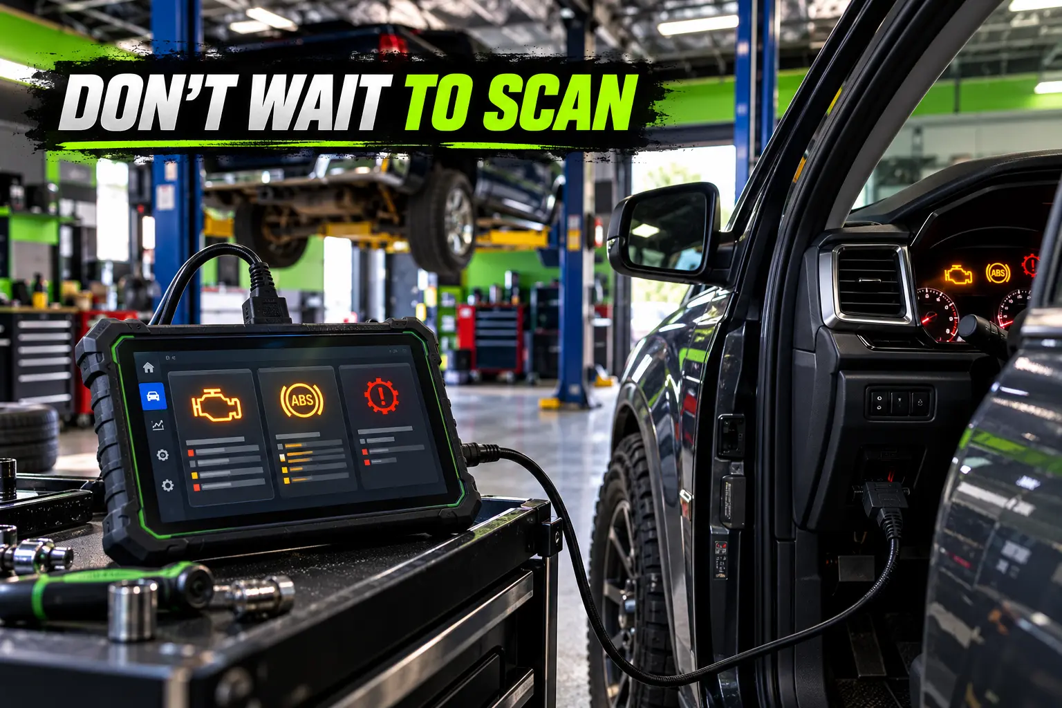OBD2 scan tool reading check engine and ABS warning codes on a car in York PA