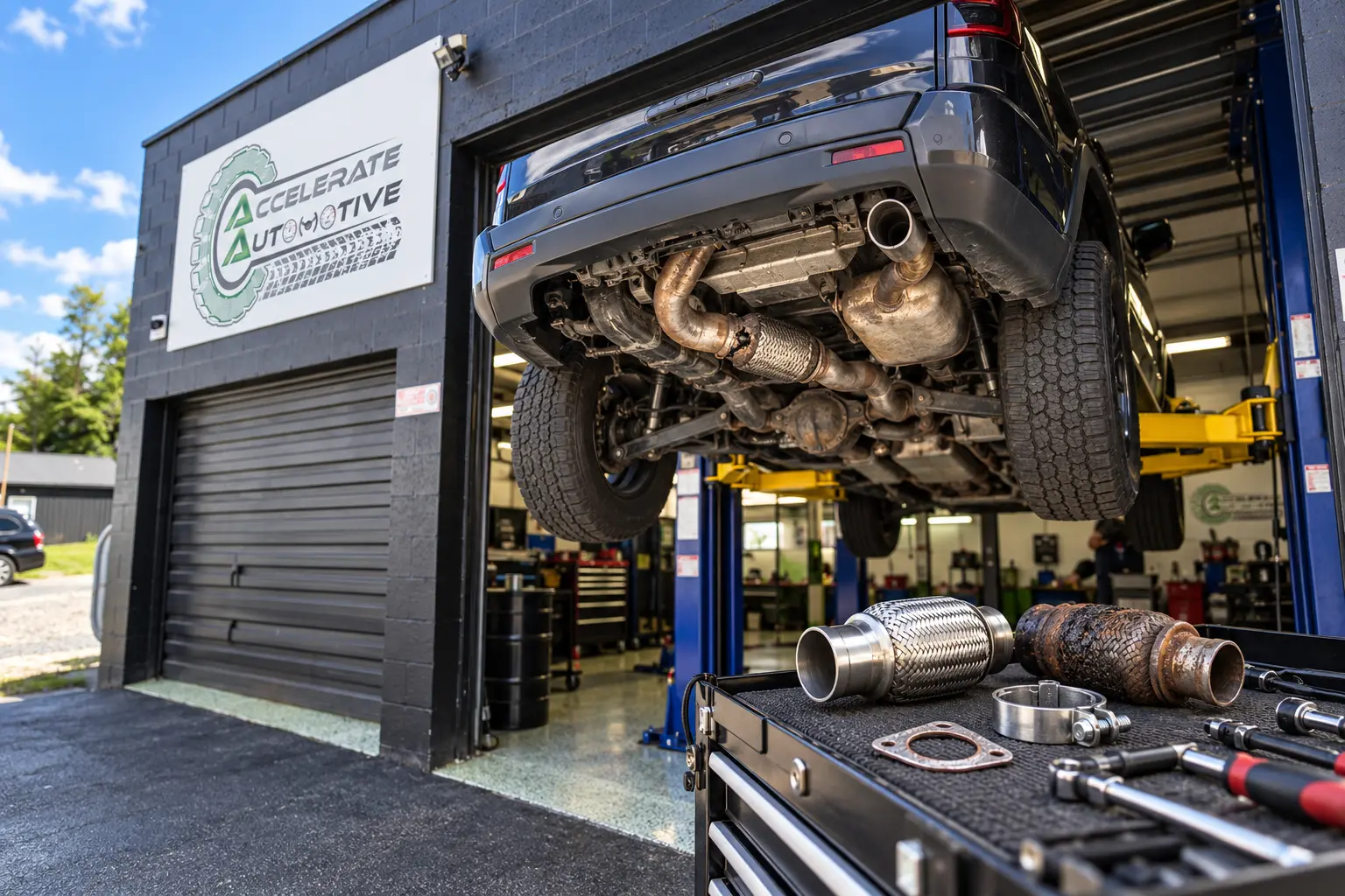Rusted exhaust flex pipe and replacement parts during exhaust repair at Accelerate Automotive in York, PA