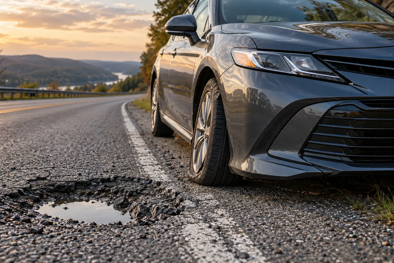 1. Car stopped beside a deep pothole after possible suspension damage in York, PA
