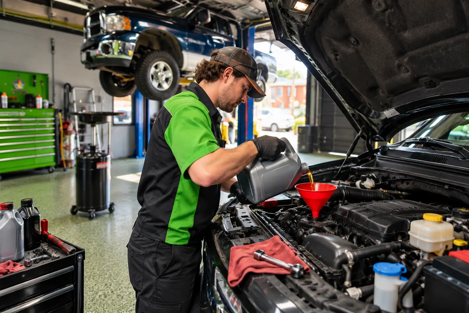 Technician adding fresh engine oil during a full service oil change at Accelerate Automotive in West York, PA