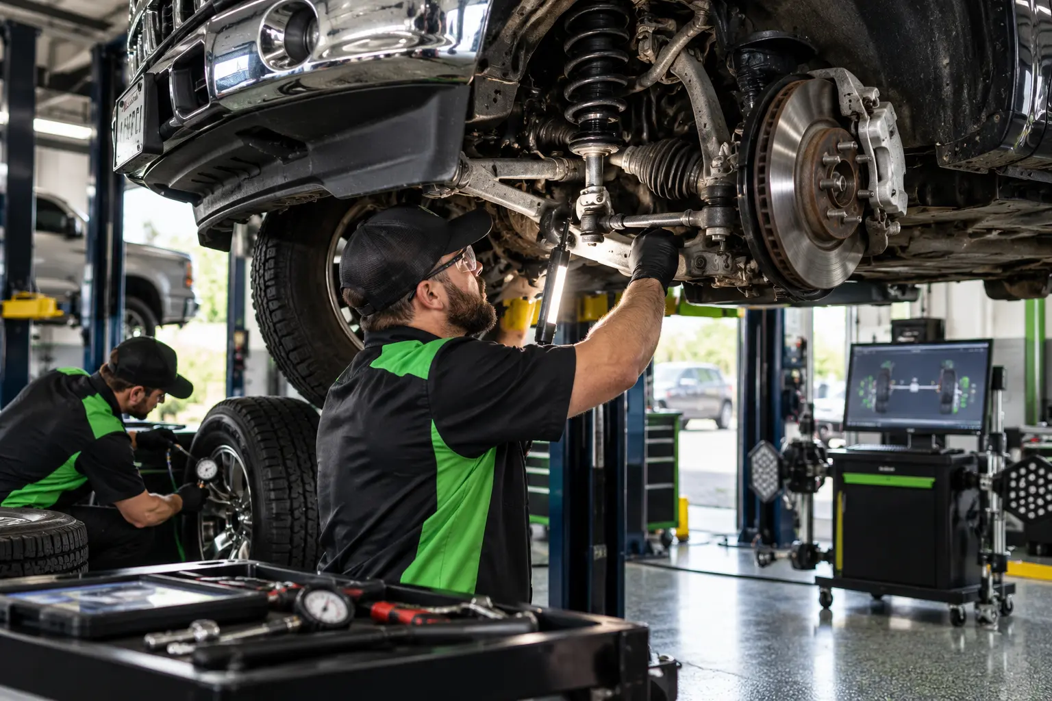 Technician checking ball joints and tie rods on a lifted vehicle in West York, PA