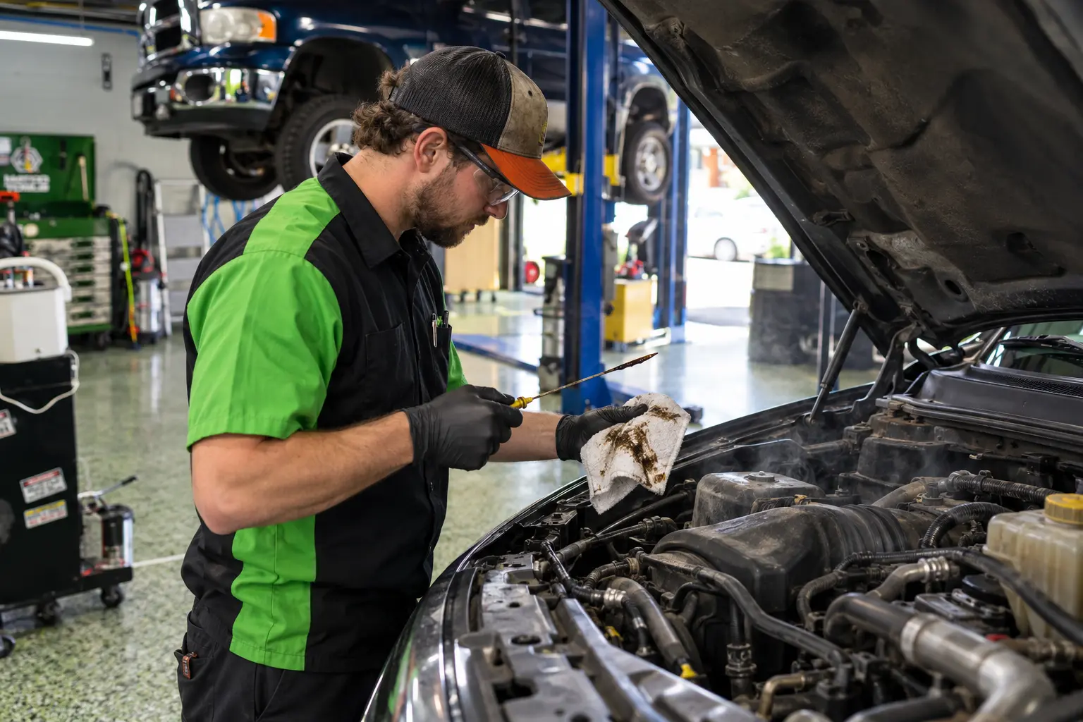 Technician checking dirty engine oil on a dipstick at Accelerate Automotive in York P