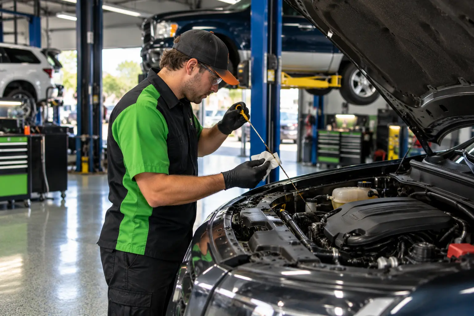 Technician checking engine oil level and condition during an oil change inspection in York, PA