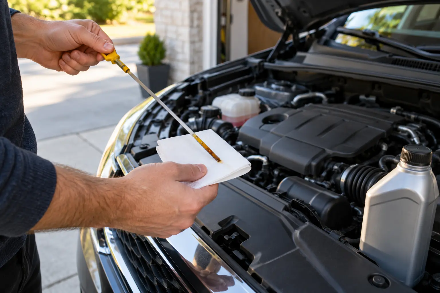 Technician checking engine oil level with a dipstick at Accelerate Automotive in York, PA