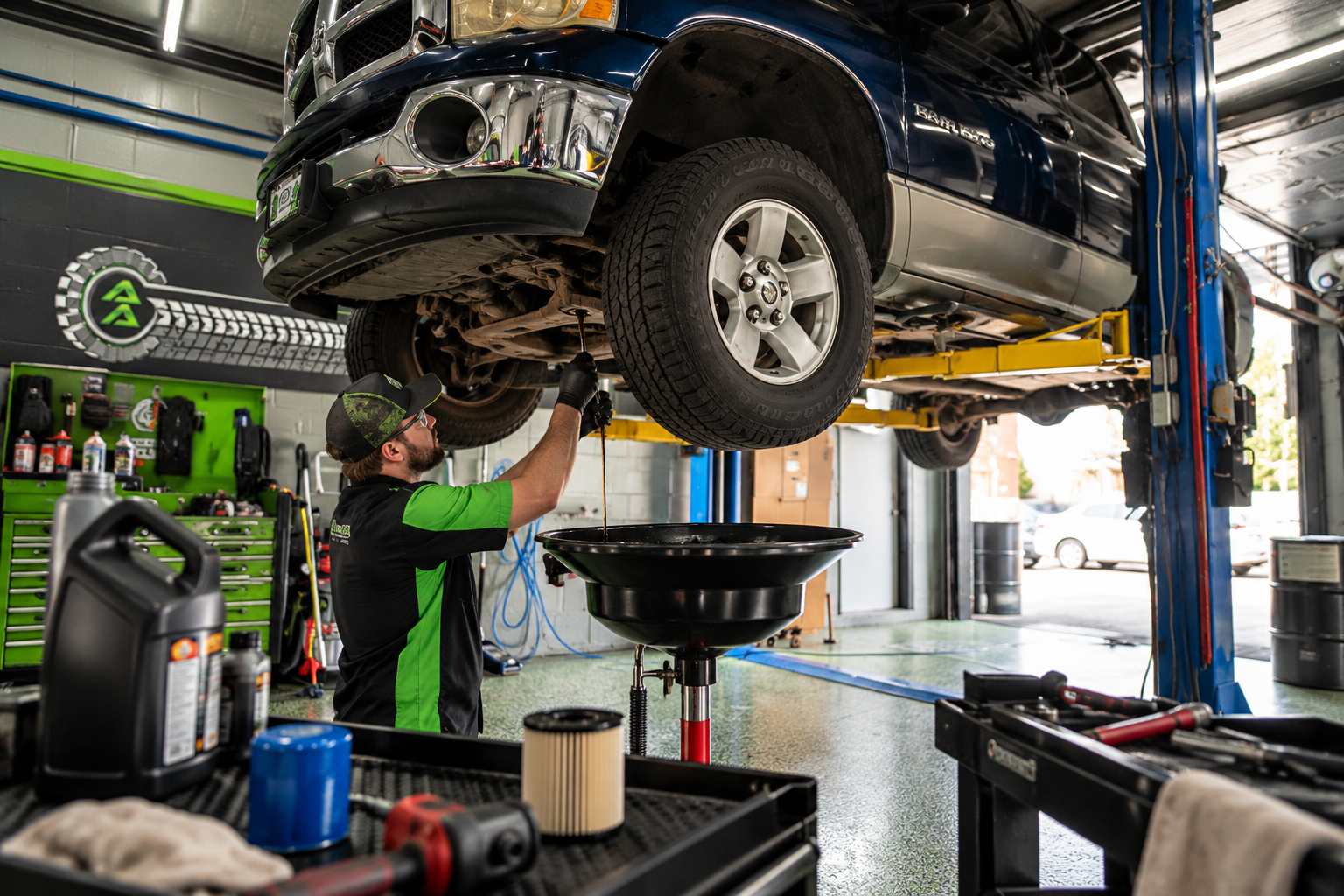Technician checking fluid levels under the hood during an oil change and inspection