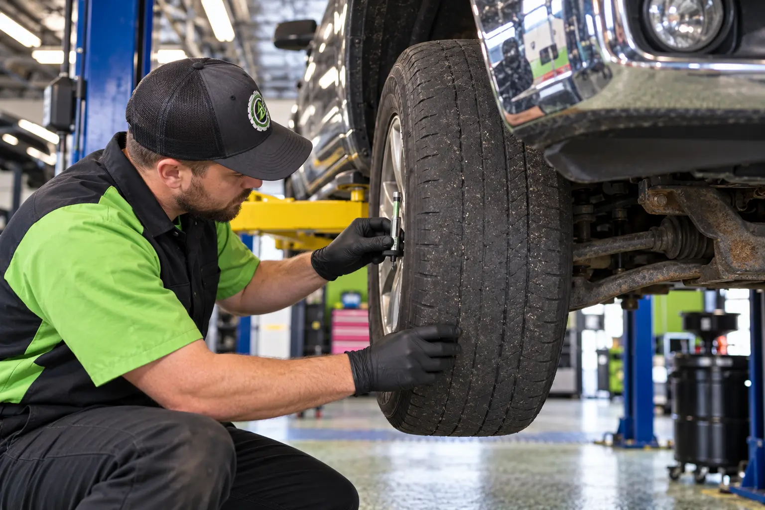 Technician checking worn tire tread depth during a PA state inspection in York, PA