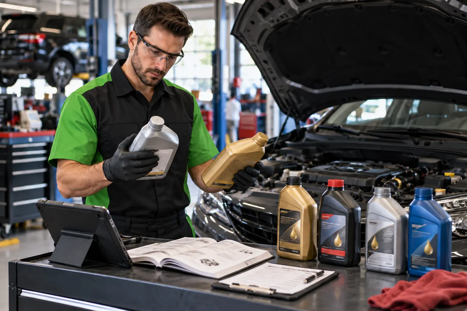 Technician comparing synthetic and conventional motor oil options for a vehicle in York PA