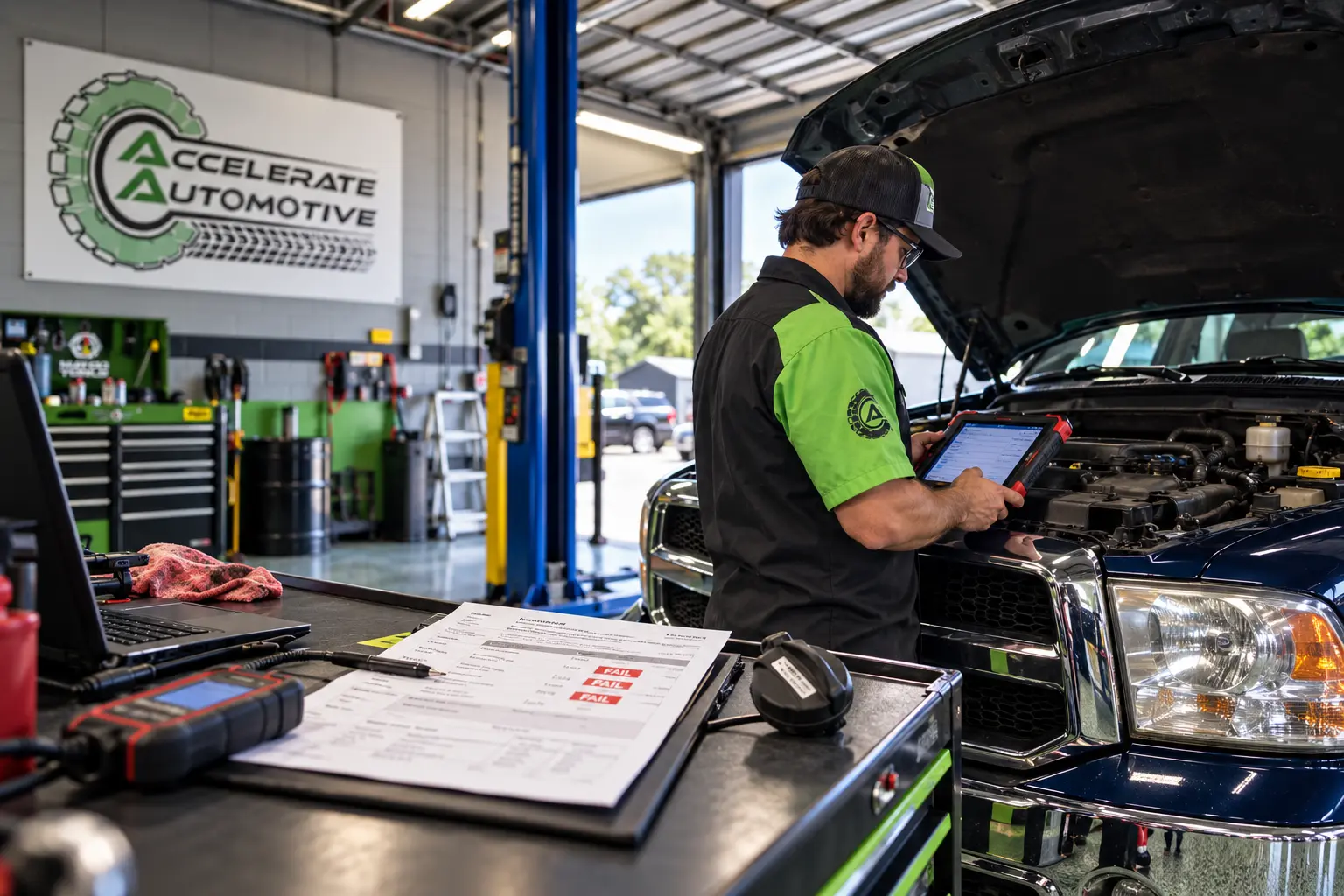 Technician diagnosing a failed emissions test with an OBD-II scan tool in York PA
