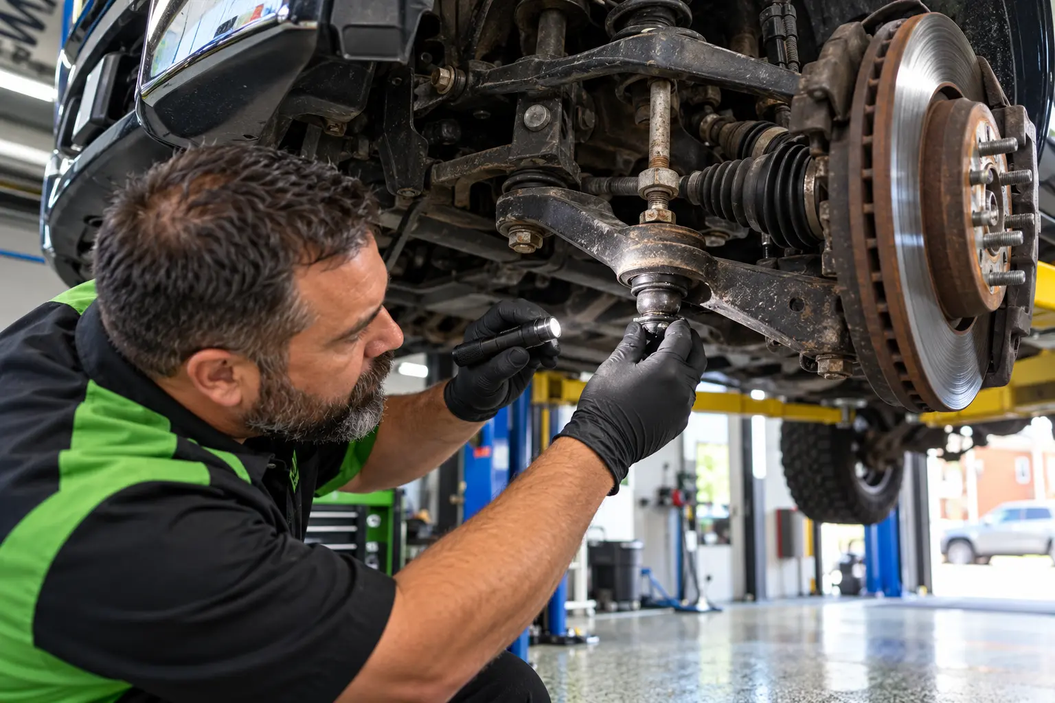 Technician inspecting a front ball joint on a lifted vehicle in West York PA
