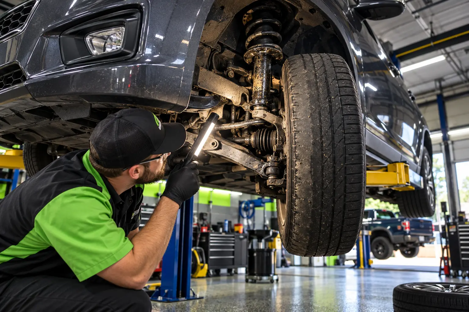 Technician inspecting a front control arm and strut on a lifted vehicle in a York, PA repair shop