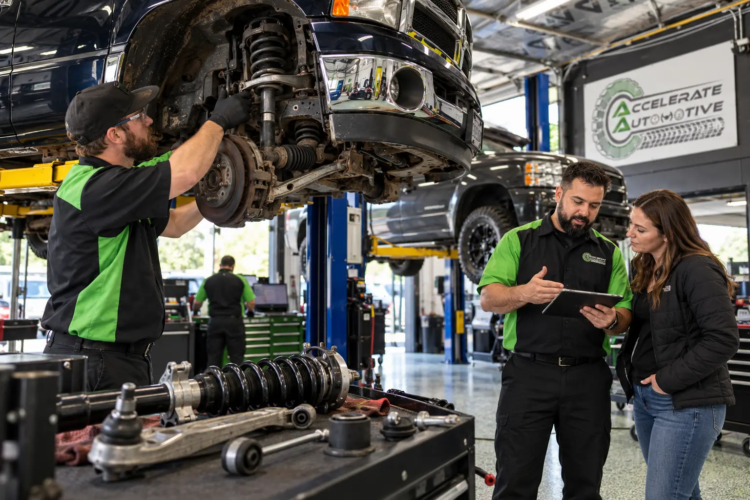 Technician inspecting a front strut and control arm on a lifted truck at Accelerate Automotive in York PA