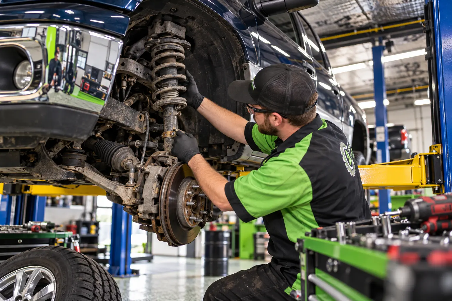Technician inspecting a front strut assembly on a lifted vehicle in York PA