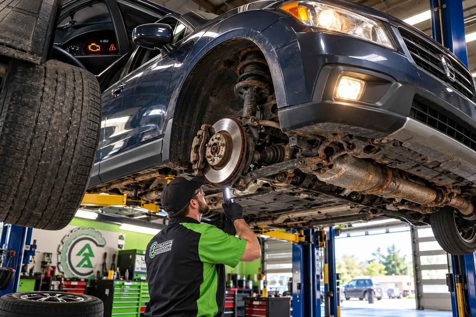 Technician inspecting brakes, tires, and undercarriage during a PA state inspection in West York PA