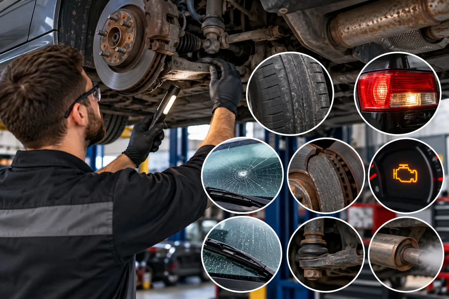 Technician inspecting common PA state inspection failure points on a vehicle in West York PA