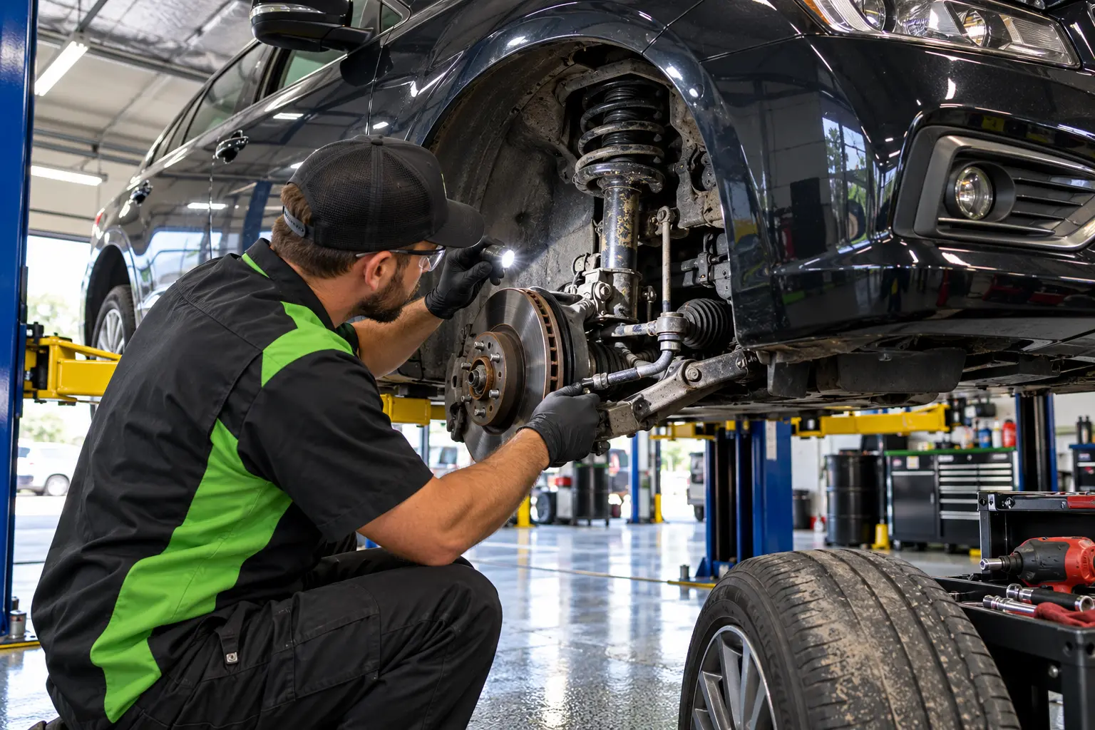 Technician inspecting front suspension components for pothole damage at an auto repair shop in York PA
