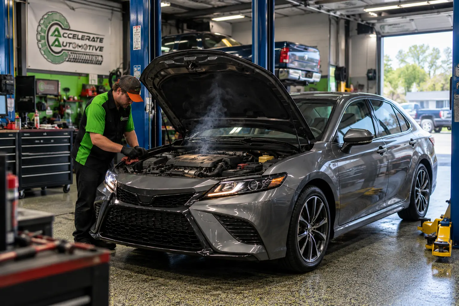 1. shop Technician inspecting smoke from an engine at Accelerate Automotive in York PA