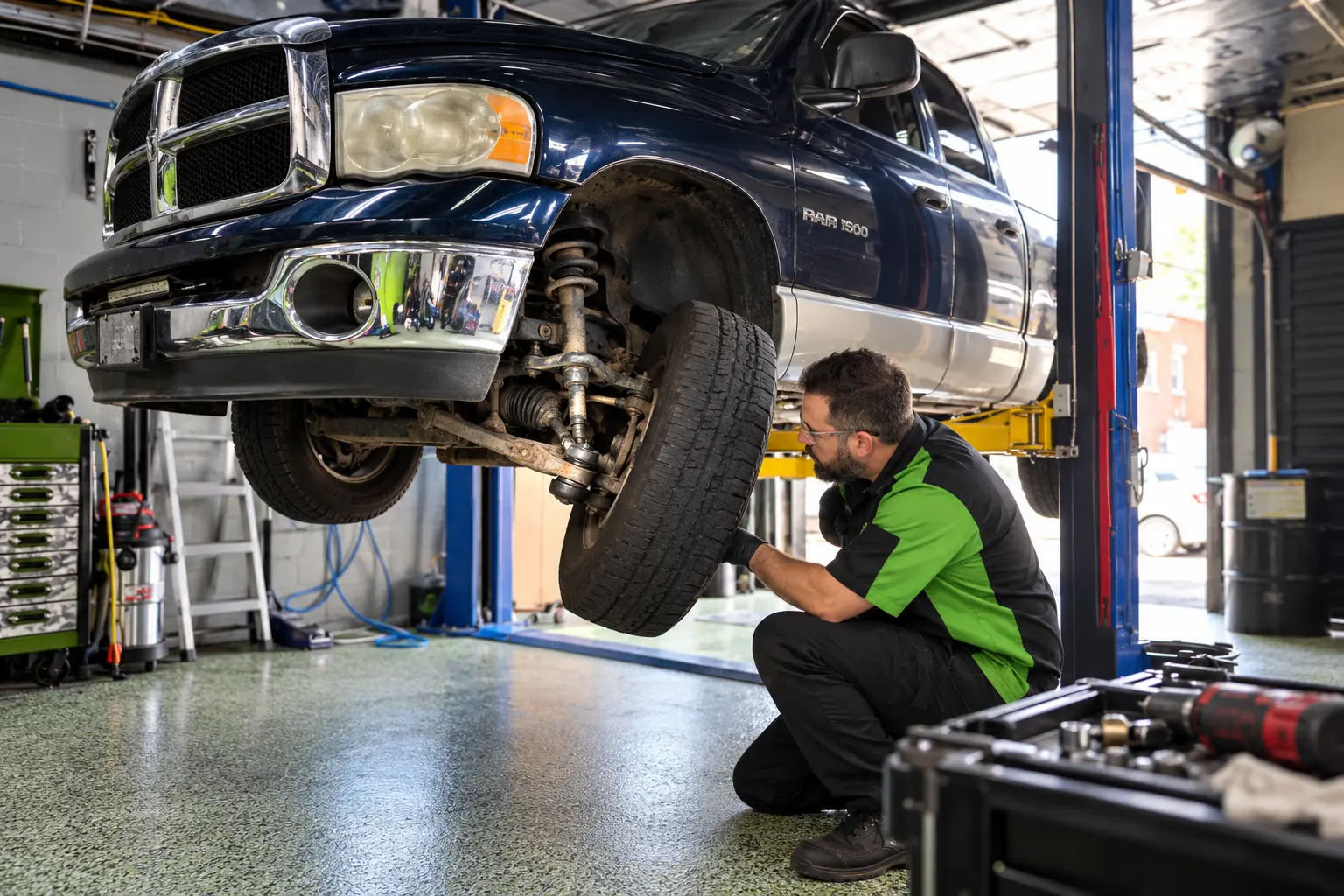 Technician inspecting the front suspension of a lifted truck at an auto repair shop in York PA
