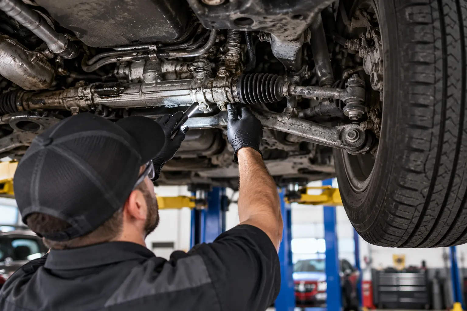 Technician inspecting tie rods and steering linkage on a lifted vehicle in York PA