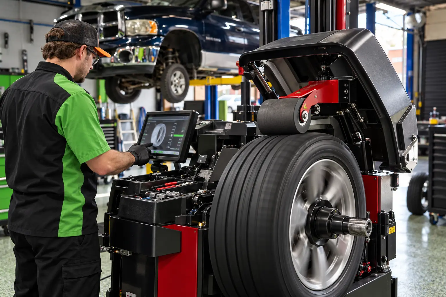 Technician performing road force balancing on a wheel at Accelerate Automotive in York, PA