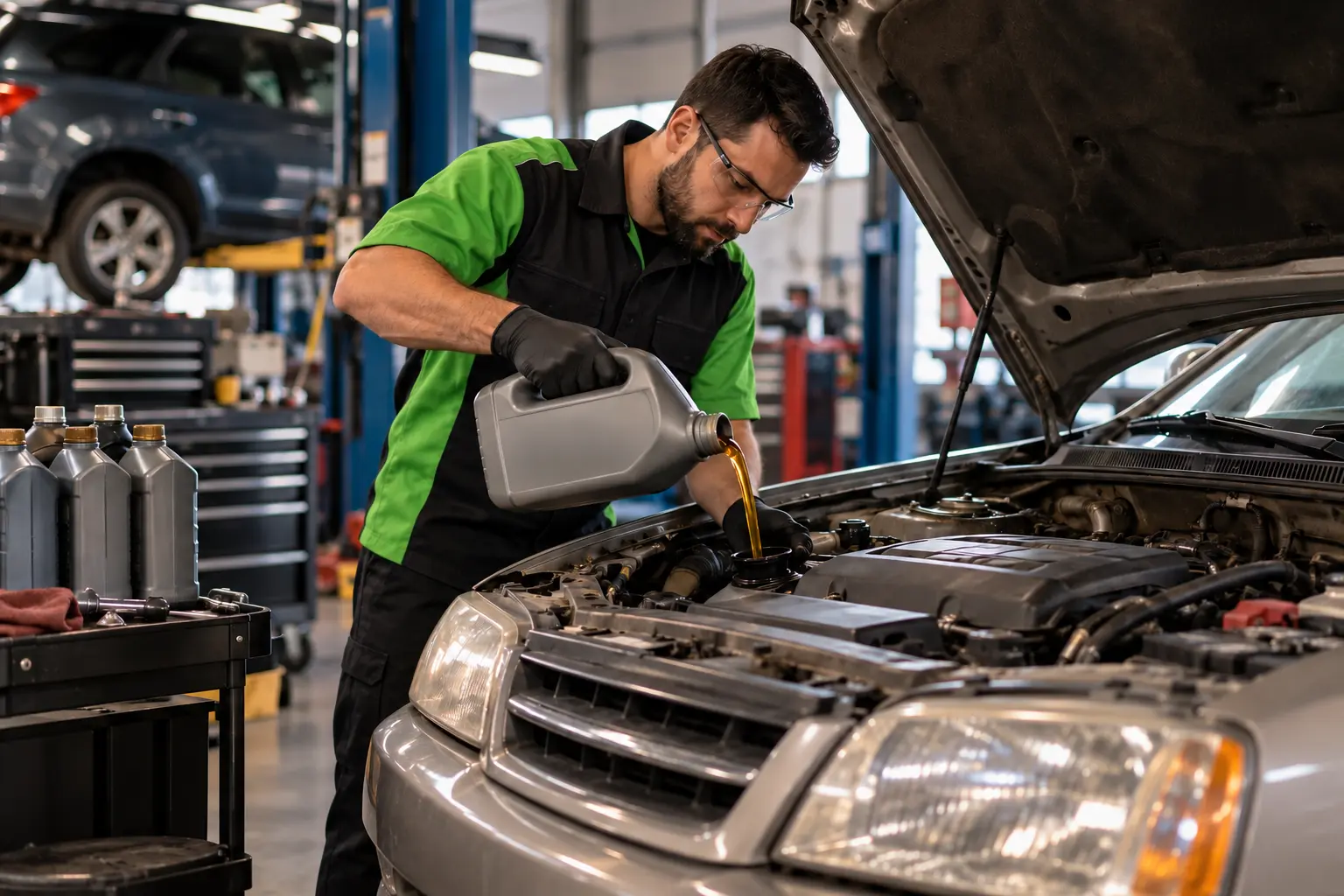 Technician pouring conventional motor oil into an older vehicle at Accelerate Automotive in West York PA