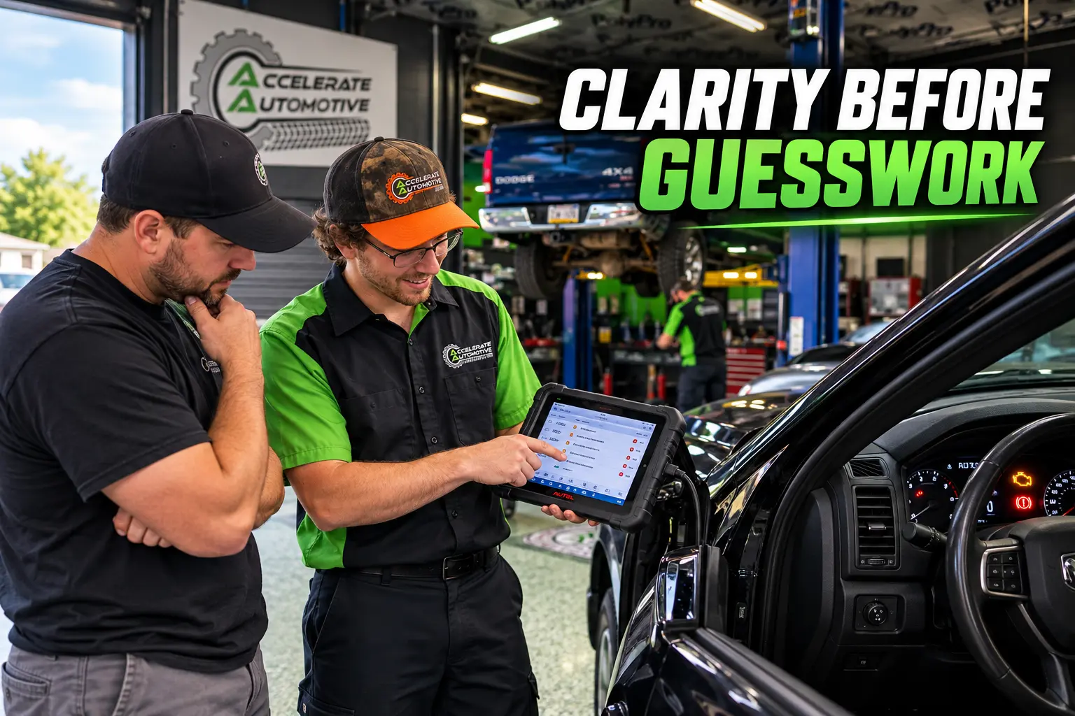 Technician scanning a vehicle for warning light codes at Accelerate Automotive