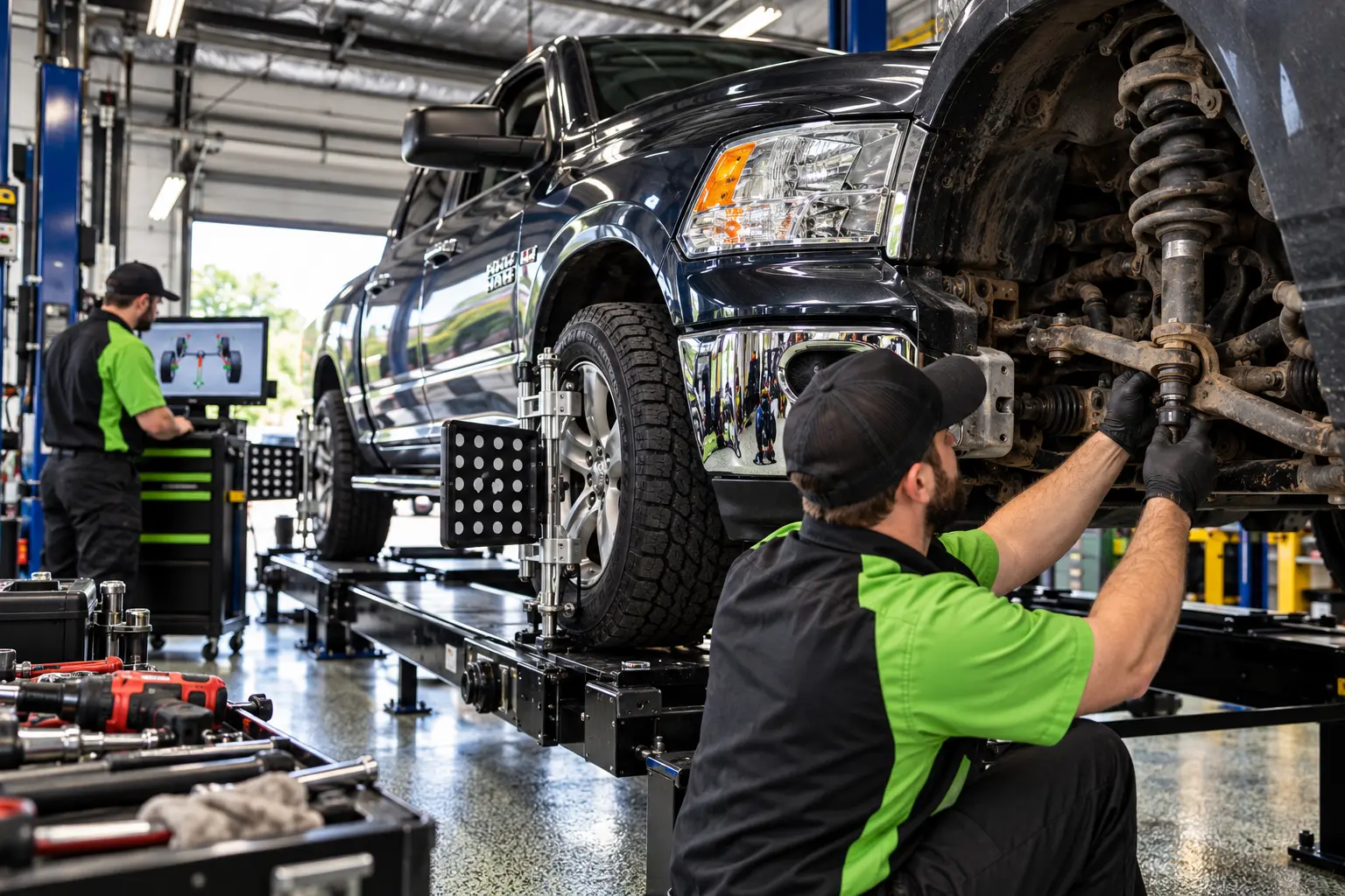 Technicians checking wheel alignment and front suspension on a vehicle in West York PA